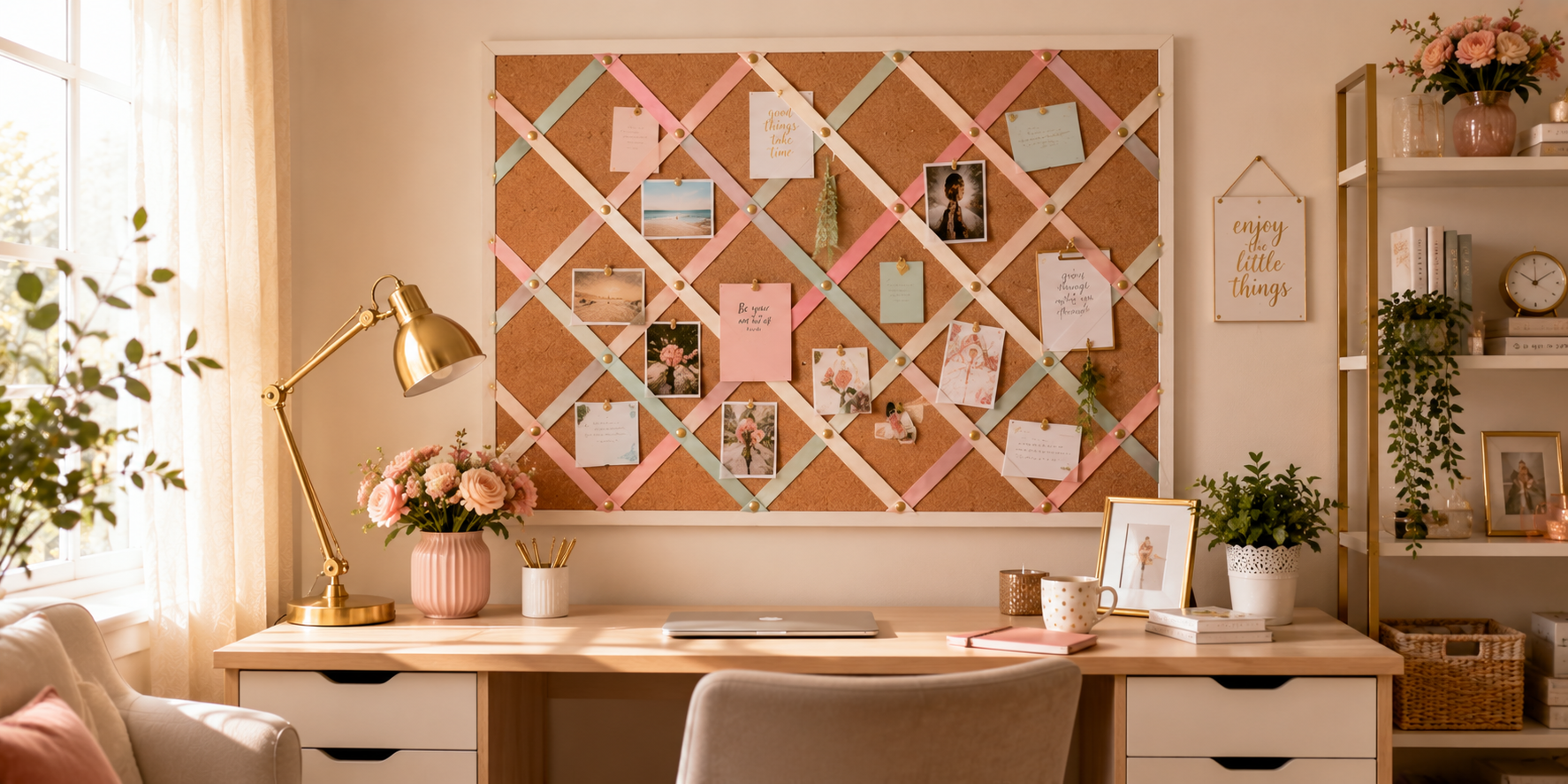 A wall organizer grid made from pastel ribbons crisscrossed over a corkboard with pinned notes and photos — soft, cozy workspace style.