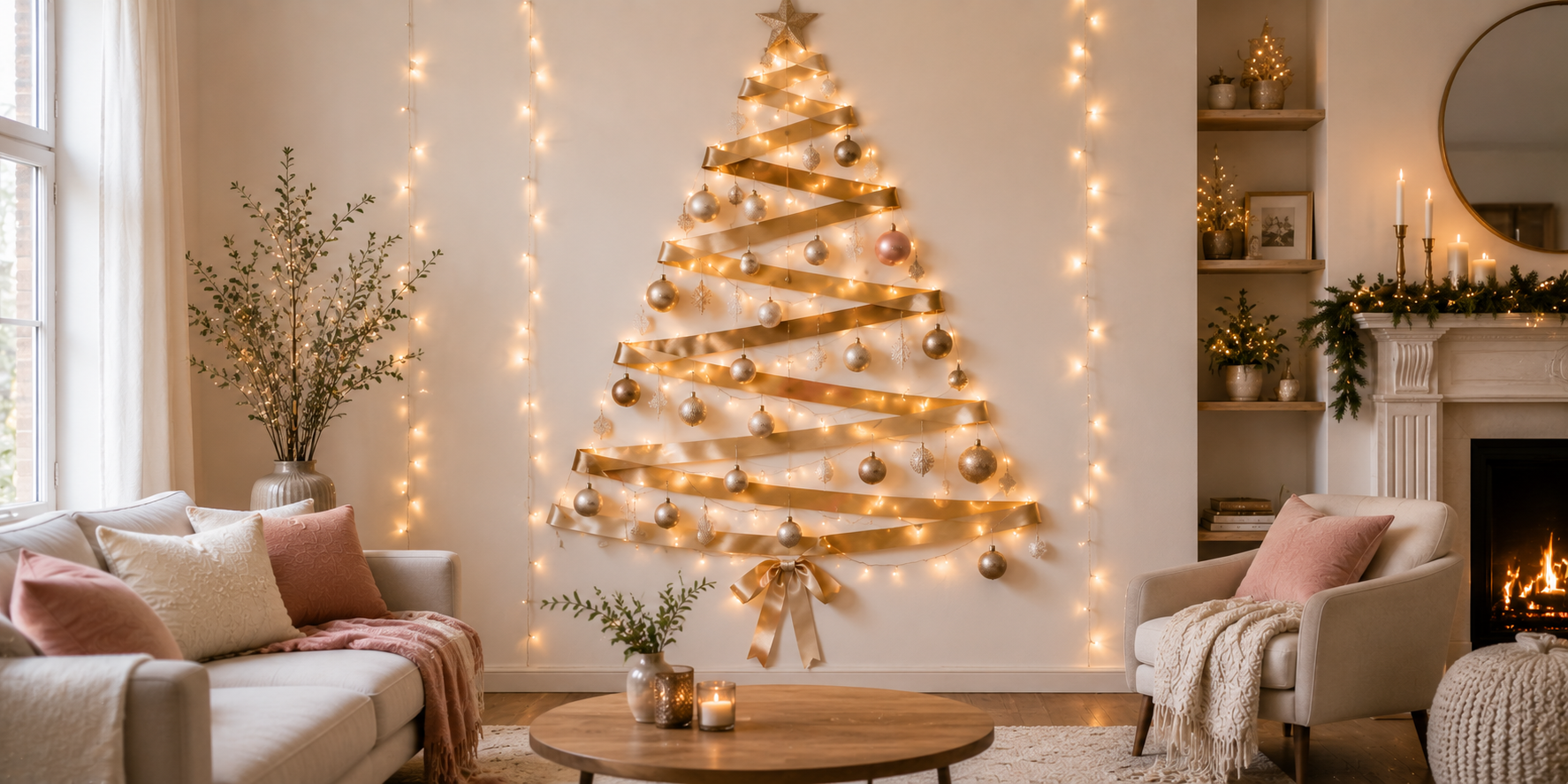 A ribbon Christmas tree design on a wall with twinkling fairy lights and hanging ornaments — festive and creative home decor.