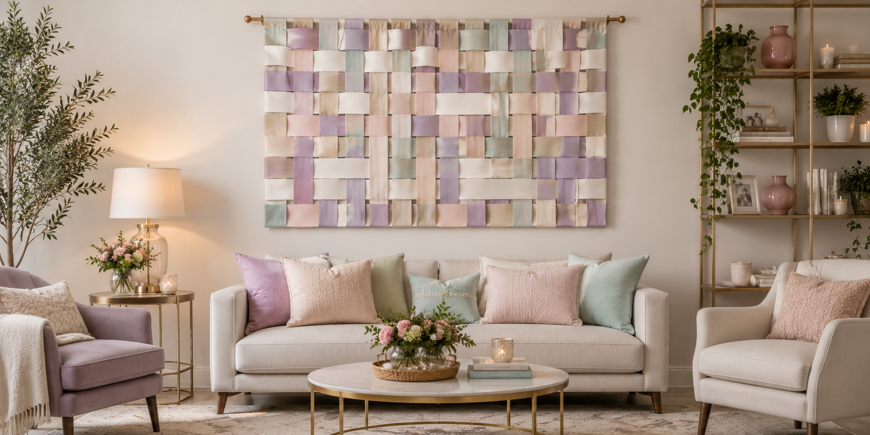 A wall weaving of satin and grosgrain ribbons in alternating pastel tones — geometric artistic wall texture design.