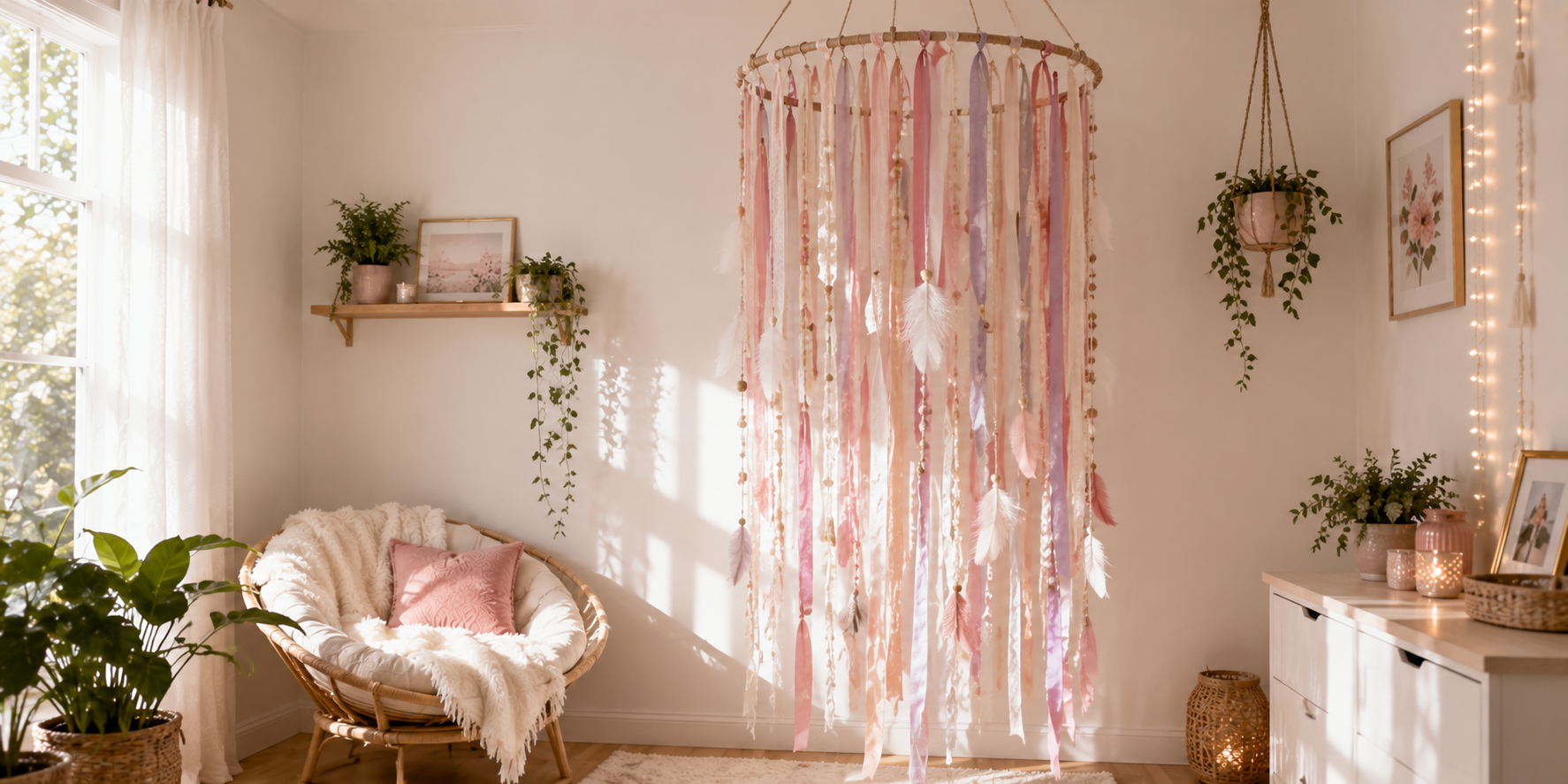 A hanging ribbon mobile with cascading ribbons, beads, and feathers near a wall — light pastel colors and dreamy composition.