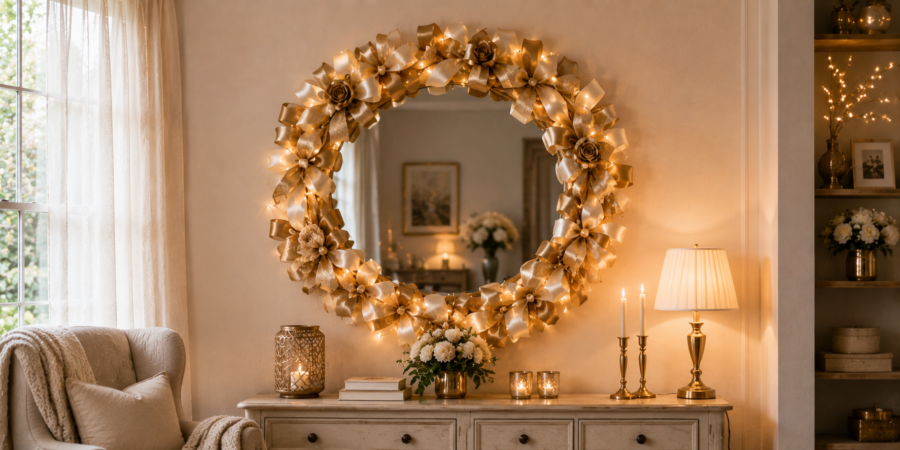 A mirror framed with layered gold and cream ribbons, surrounded by soft decorative lighting — elegant, detailed wall decor.
