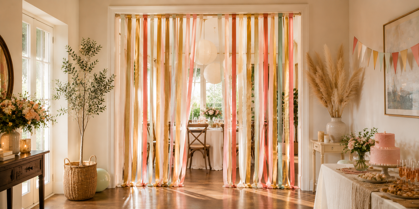 A decorative doorway with hanging ribbons forming a colorful curtain — soft daylight and festive party setup.