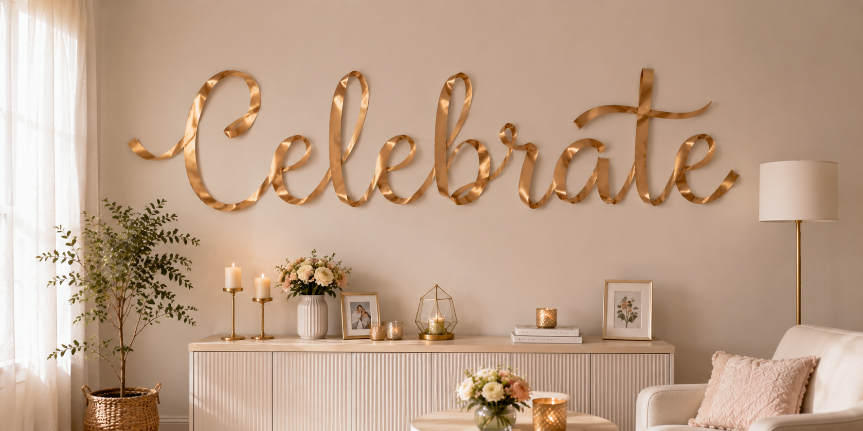 A minimalist wall displaying ribbon lettering that spells out “Celebrate” in metallic tones — soft ambient lighting and clean backdrop.