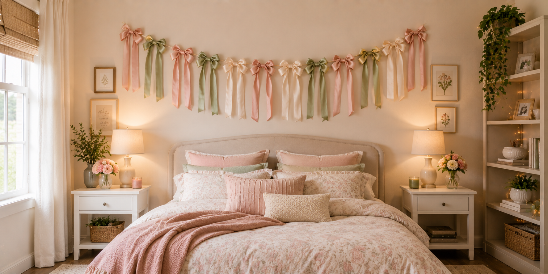 A wall garland made of tied ribbon bows in alternating pastel colors hanging above a bed — cozy, charming room aesthetic.