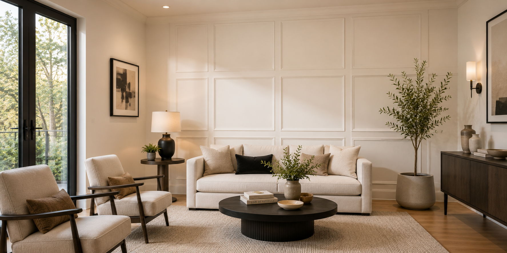 Elegant living room featuring recessed Shaker wall panels with crisp mitered edges painted in warm ivory. Subtle natural light accentuates the depth and texture of each panel, complemented by modern neutral décor.