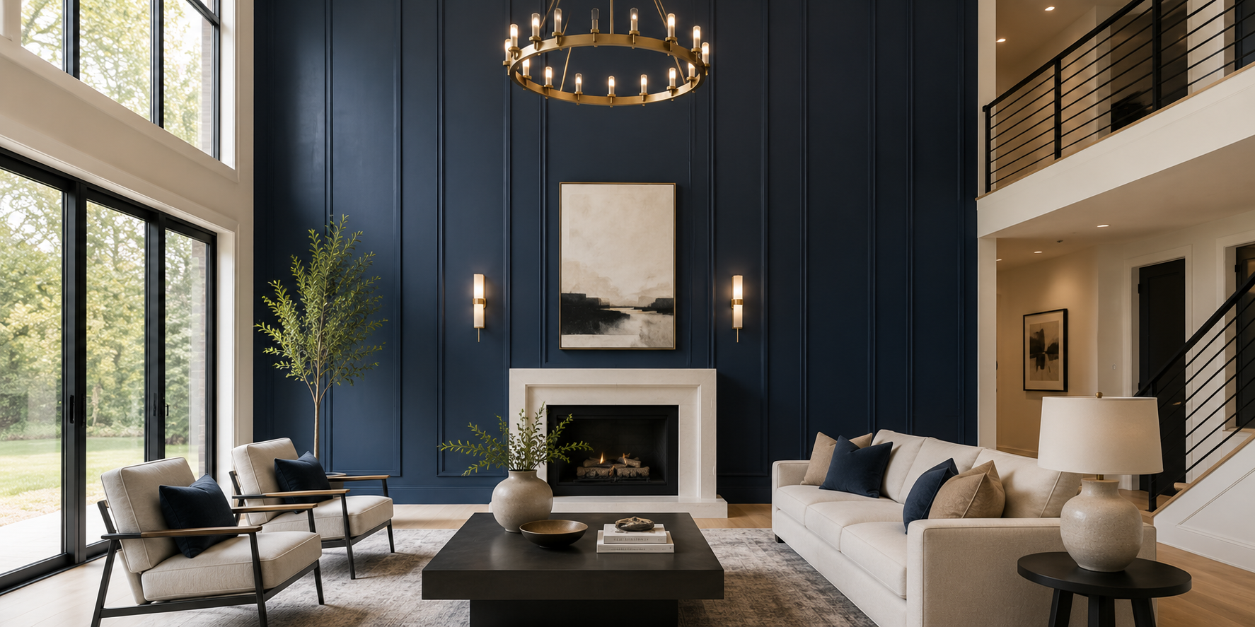 Modern living room with wide vertical Shaker wall panels painted deep navy. Tall ceilings, minimalistic furniture, and soft lighting emphasize the room’s height and sophistication.