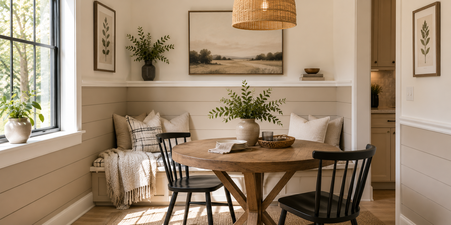 Dining nook with horizontal Shaker wainscoting in soft beige, topped with white trim. Natural light, rustic wood table, and neutral textiles create a calm, timeless setting.