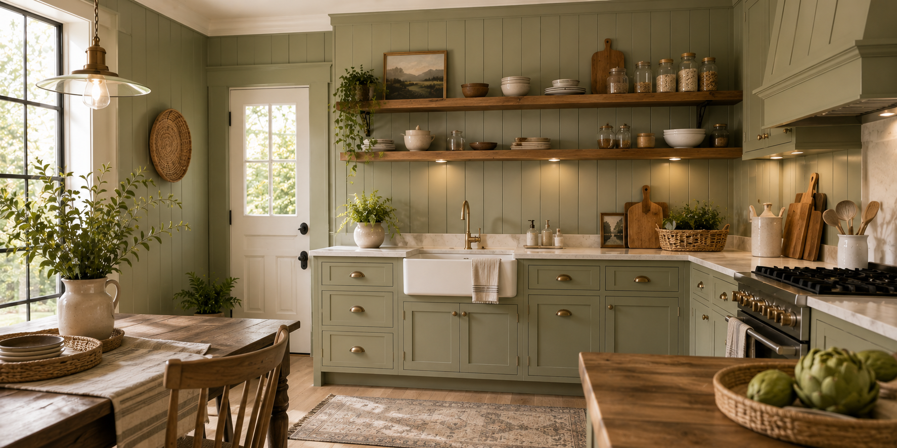 Country-style kitchen with beadboard shaker wall panels in soft sage green. Wooden shelves, warm lighting, and natural textures create an inviting, cozy feel.