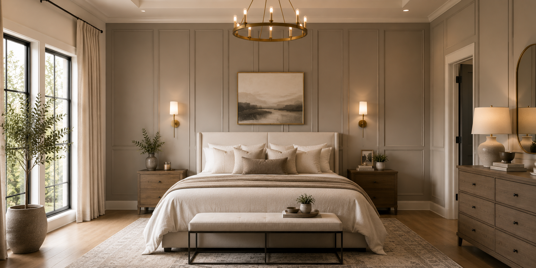 Bedroom with full-height shaker wall panels in warm greige, creating seamless sophistication. Soft bedding, modern sconces, and neutral tones complete the look.
