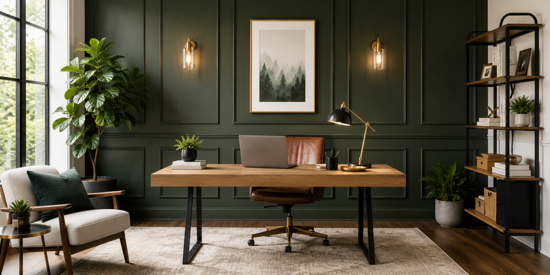 Contemporary home office with painted shaker accent wall in deep forest green, styled with warm brass accents and modern minimalist furniture.