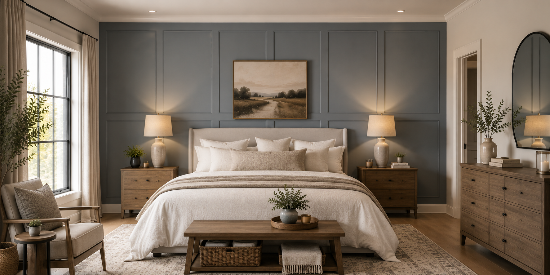 Bedroom with shaker wall panel headboard painted in muted blue-gray. Soft bedding, neutral tones, and ambient lighting emphasize relaxation and style.