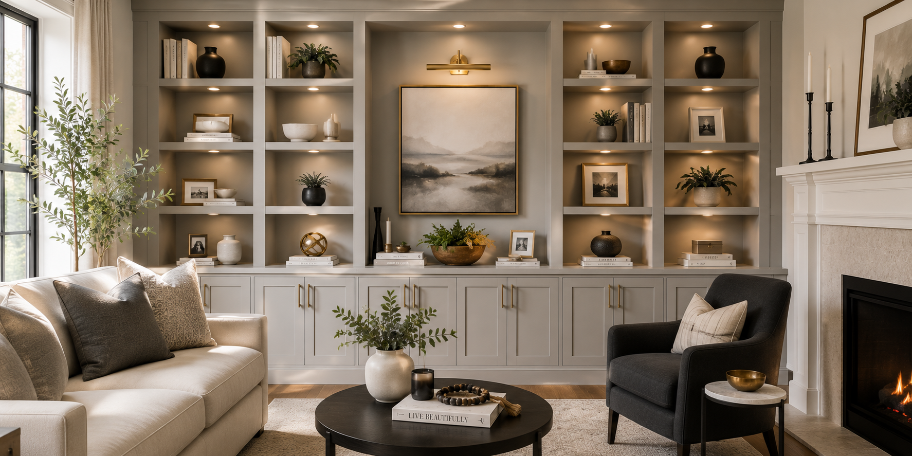 Built-in shaker wall shelving painted in soft gray with recessed lighting. Books and decor items are neatly arranged to highlight the panel craftsmanship.