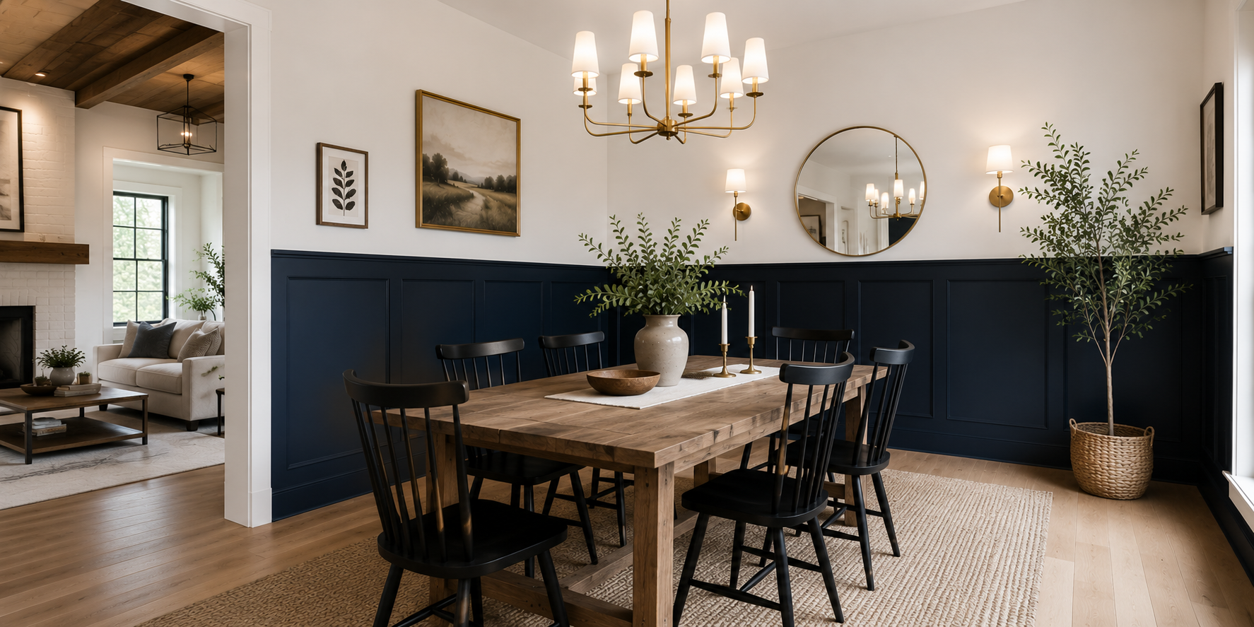 Dining area with half-height shaker wall panels painted deep navy, contrasted by white upper walls and brass light fixtures for timeless balance.