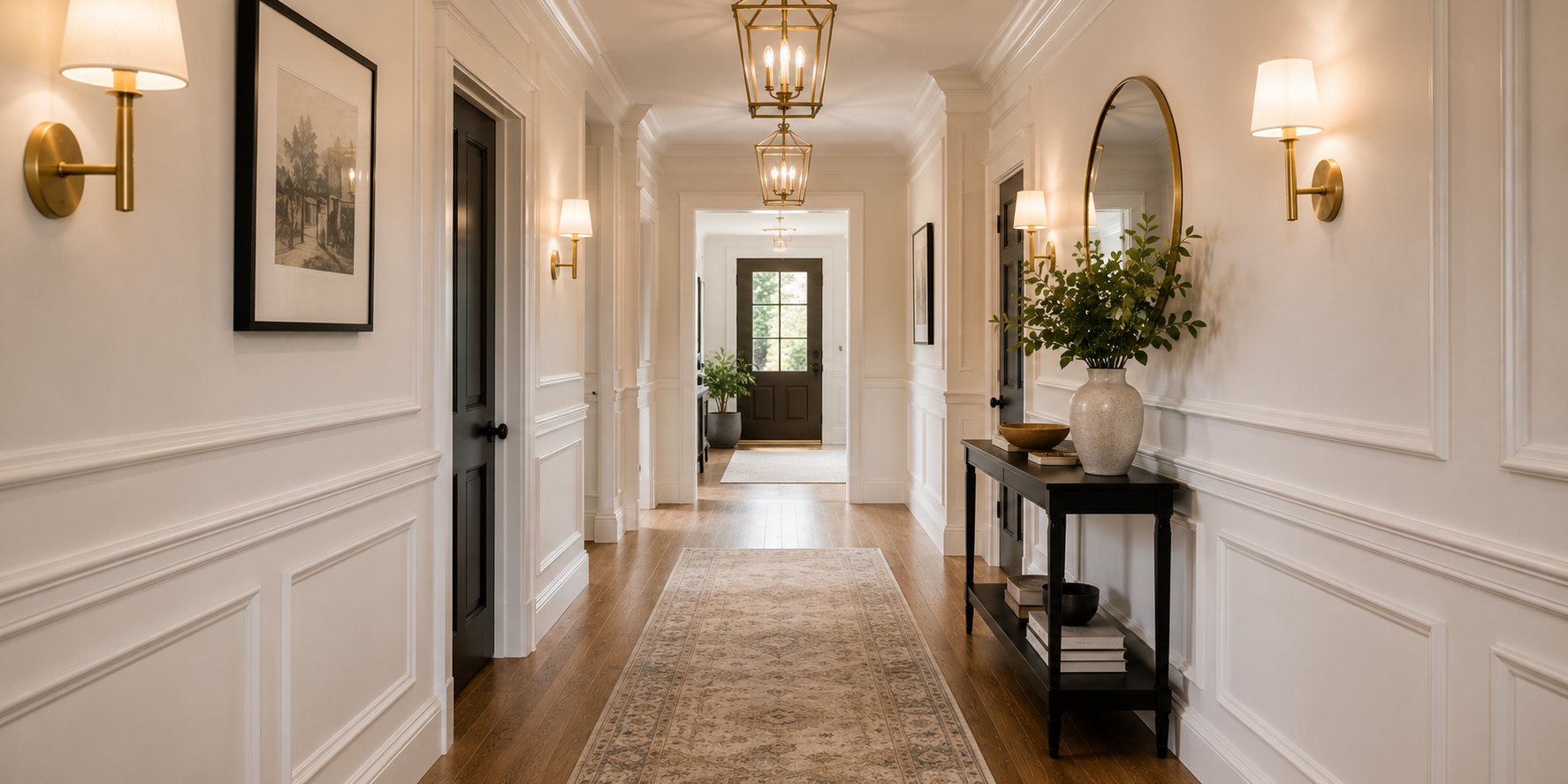 Elegant hallway featuring soft white Shaker wall panels, wooden flooring, and brass lighting fixtures, creating a welcoming and timeless entryway.