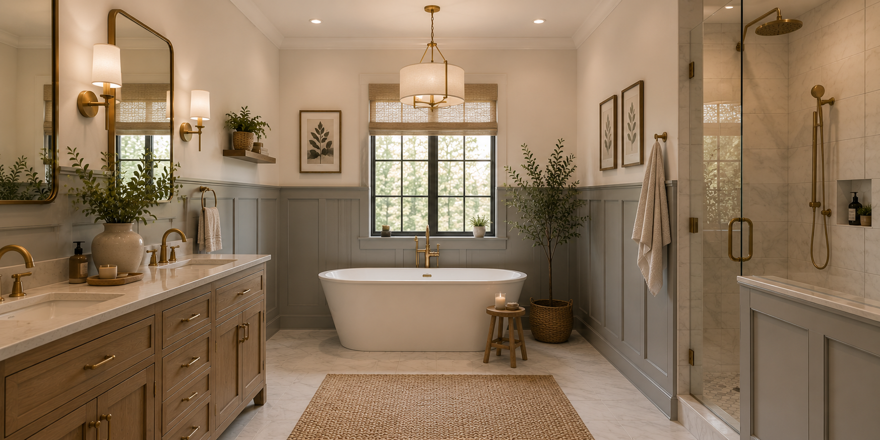 Spa-inspired bathroom featuring half-height shaker wall panels in muted gray, freestanding tub, and brass fixtures under warm ambient lighting.
