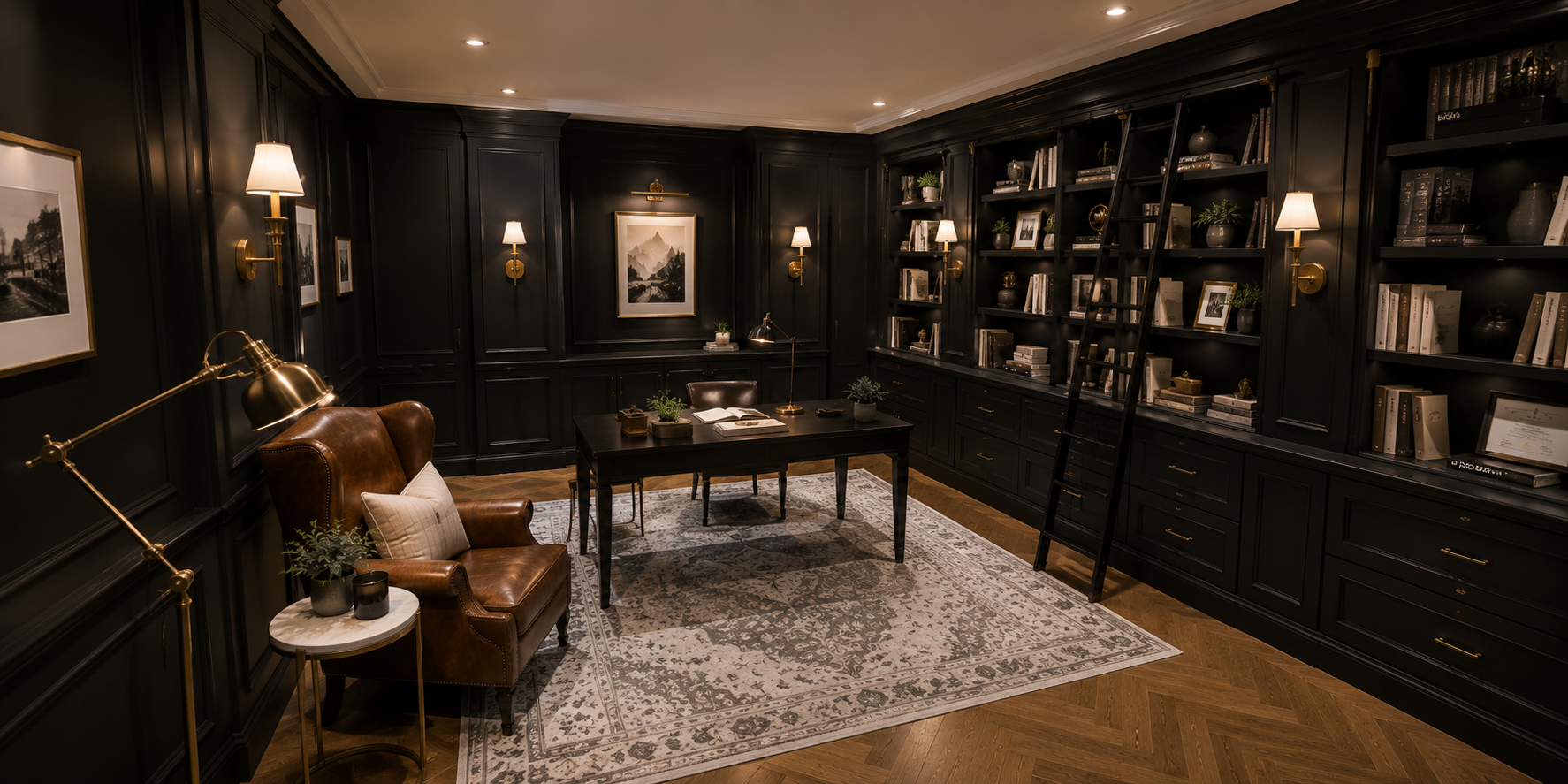 Luxurious home library with matte black shaker wall panels, soft lighting, and brass sconces creating a moody, refined ambiance