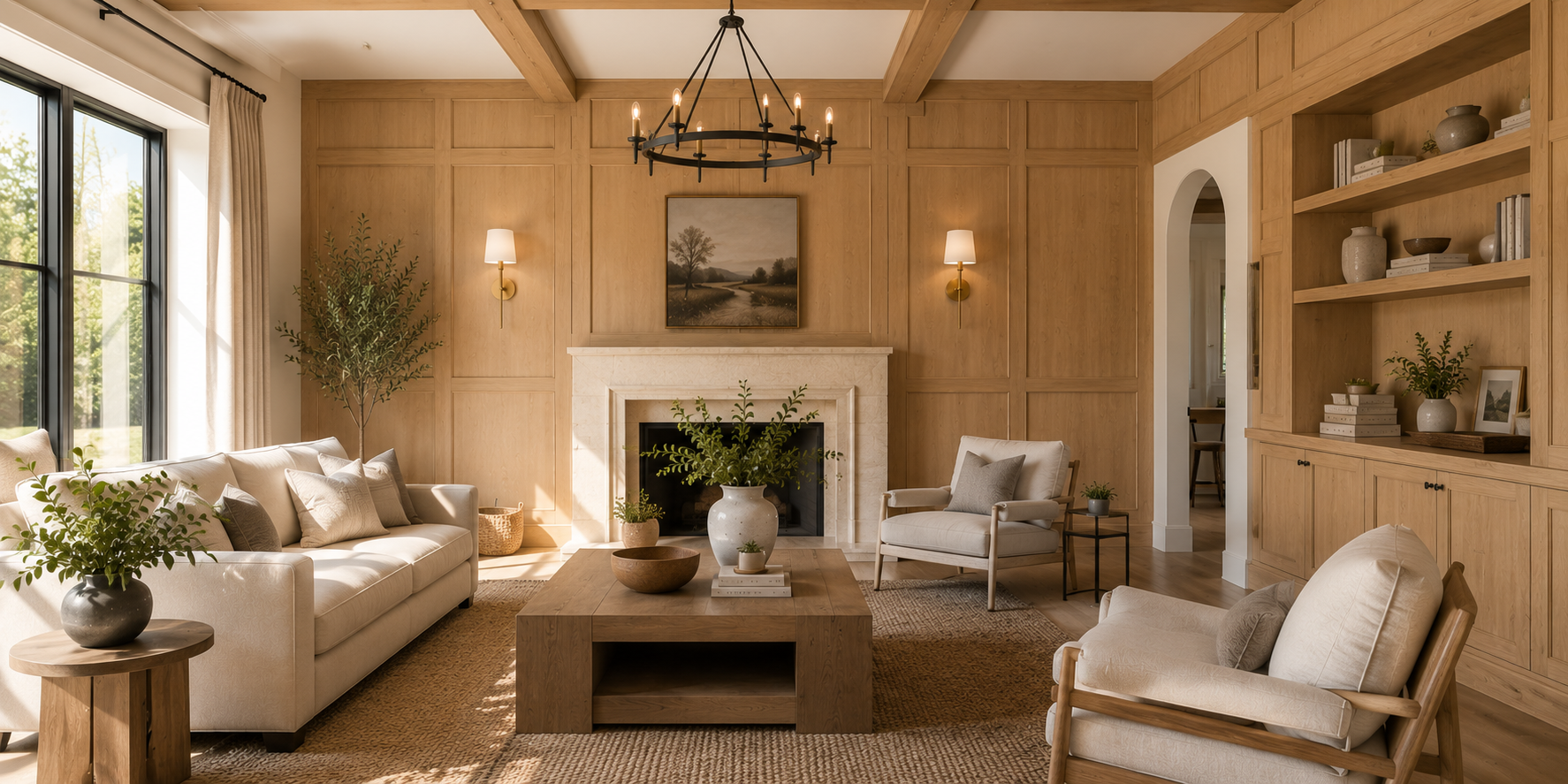 Living room with natural oak shaker wall panels, neutral décor, linen furniture, and large windows allowing natural light to enhance the wood grain.