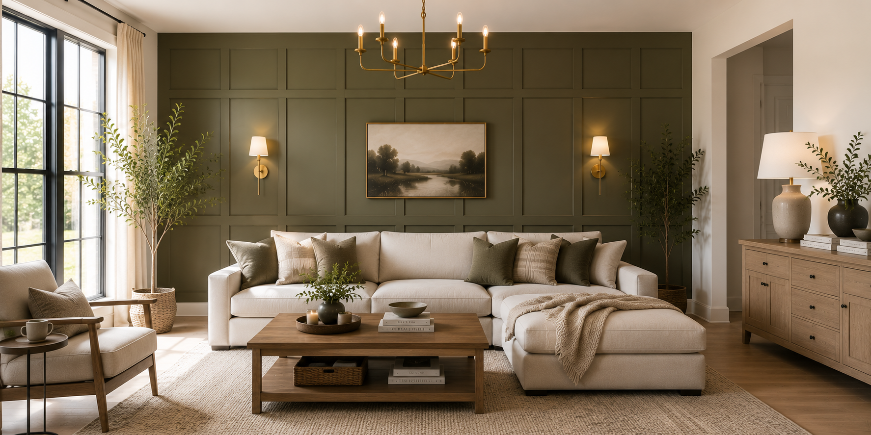 Living room with olive-green shaker wall feature behind a modern sofa, styled with brass lighting and cozy neutral textiles.