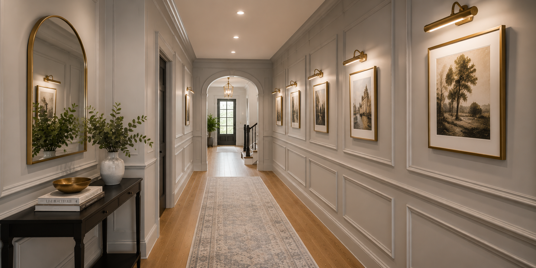 Art-filled hallway with light gray shaker wall panels, framed artwork evenly spaced within panels, and overhead picture lighting.