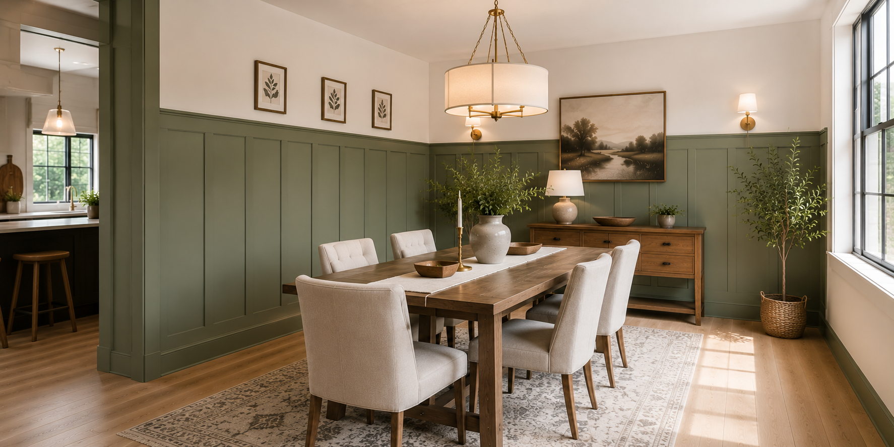 Dining room with hybrid shaker wall panels covering two-thirds of the wall, painted sage green with white above, modern pendant lighting overhead.