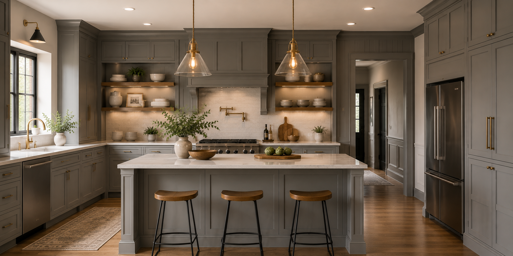 Contemporary kitchen featuring matching shaker cabinetry and wall panels in muted gray, open shelving with ceramic dishes, and pendant lights above the island.