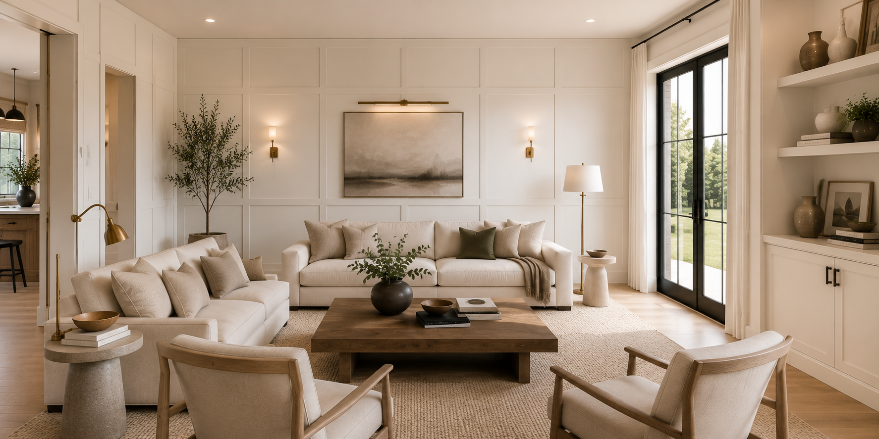 Modern minimalist living room with seamless shaker wall panels painted warm white, featuring clean lines and soft diffused lighting.
