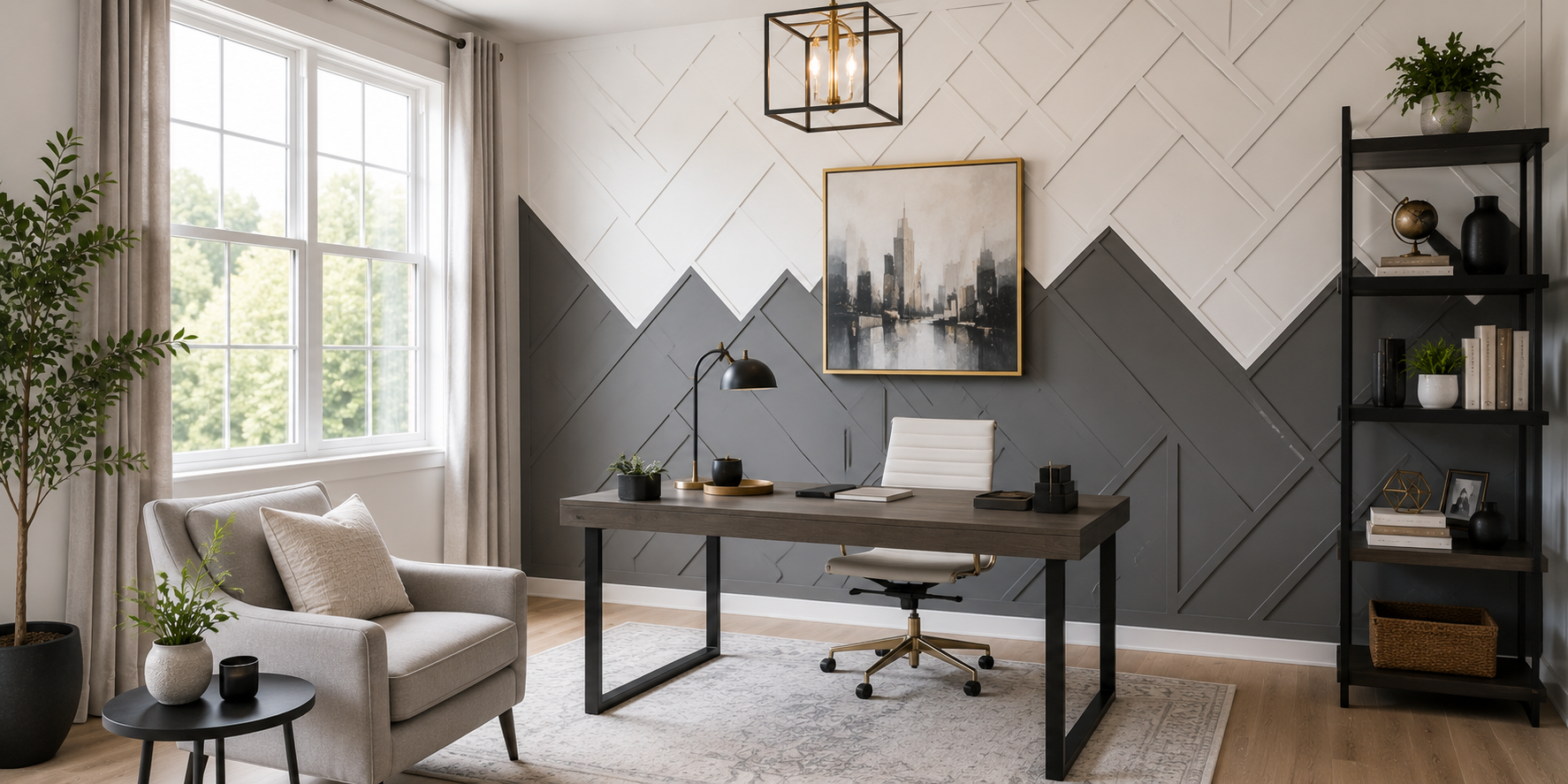 Contemporary home office with geometric shaker wall panel pattern in dual-tone gray and white, accented by minimalist furniture.