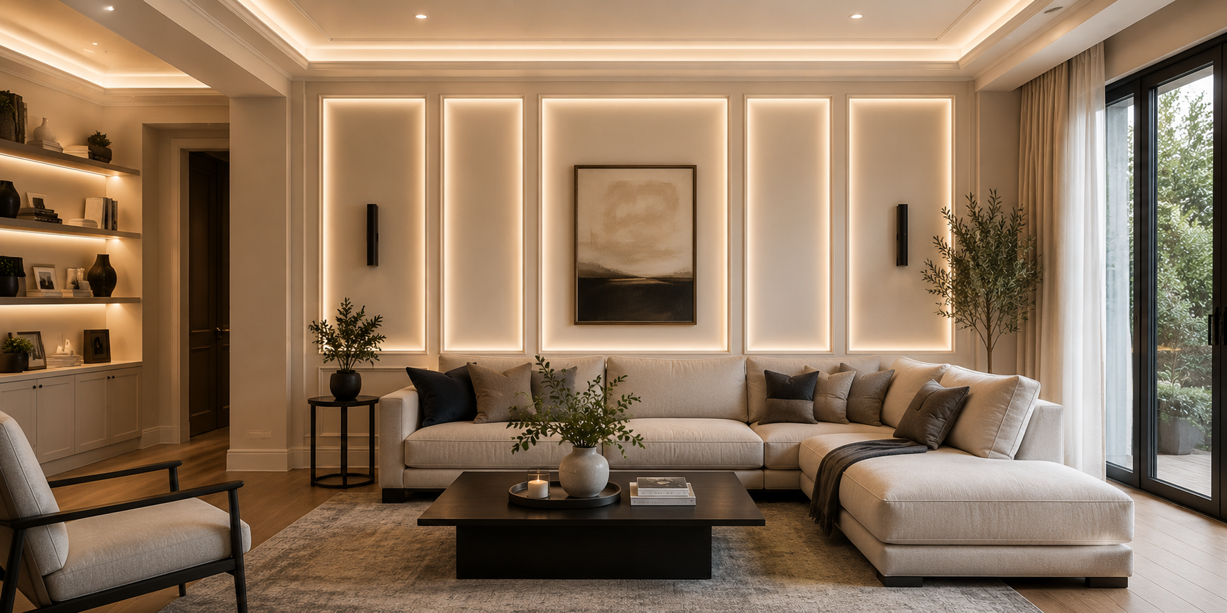 Modern living room featuring shaker wall panels with integrated LED backlighting, warm glow creating depth and ambient sophistication.