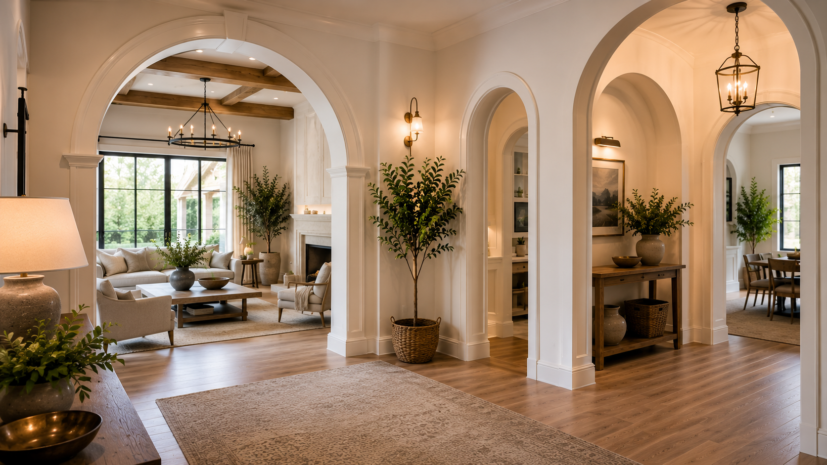 A beautifully designed interior space showcasing multiple decorative archways with soft lighting, greenery, elegant trim, and natural textures — modern, airy, and timeless home decor, 16:9 aspect ratio.