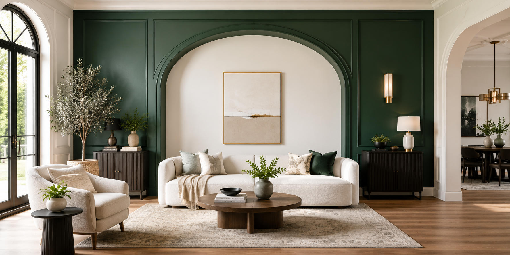 A bright living space with a deep emerald painted interior arch framing a white wall, styled with minimalist furniture and natural light — elegant, modern color contrast.