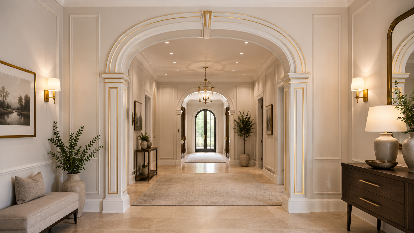A grand interior archway with white crown molding and subtle gold accents, framing a softly lit corridor — timeless and refined interior design
