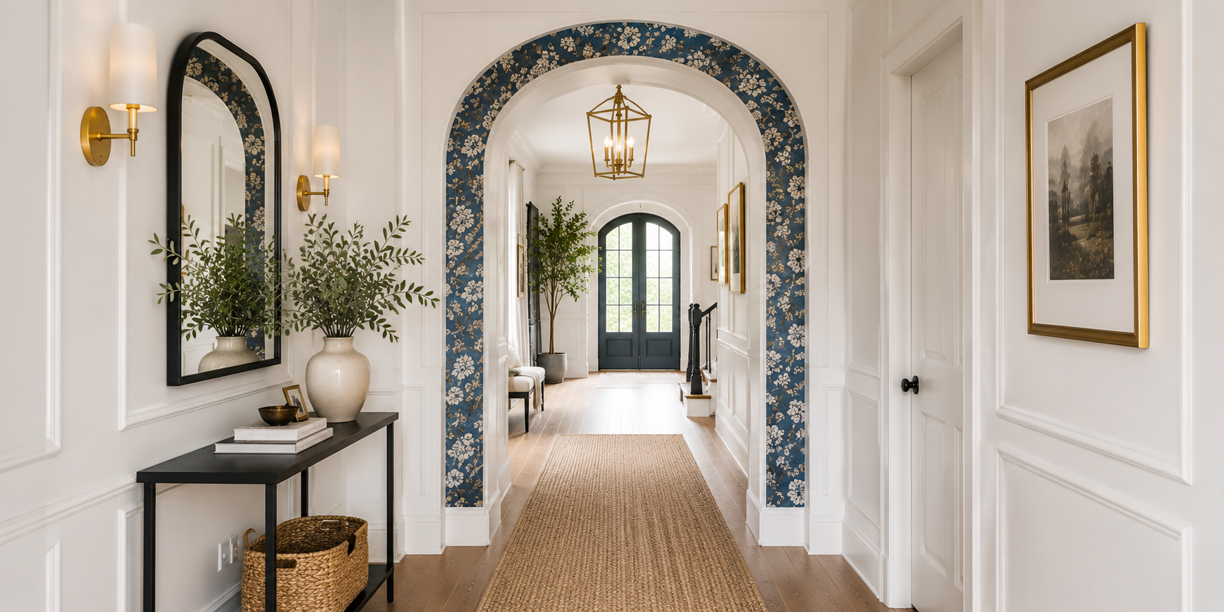 A white hallway with an archway lined in blue floral wallpaper, creating a bold yet elegant contrast — cozy and artful transitional design.