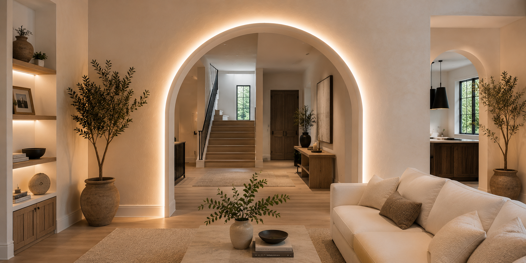 A softly illuminated archway with built-in LED lighting, casting a warm glow on plaster walls — modern minimalist interior with cozy atmosphere