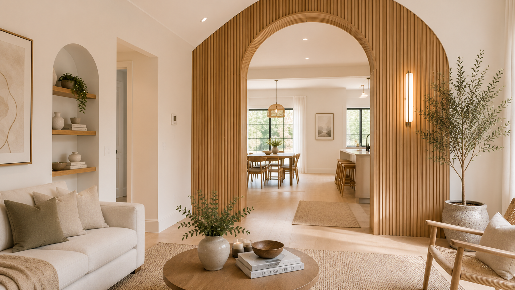 A Scandinavian living space featuring a vertical oak wood-clad archway, natural textures, and soft white walls — warm and elegant contemporary design.