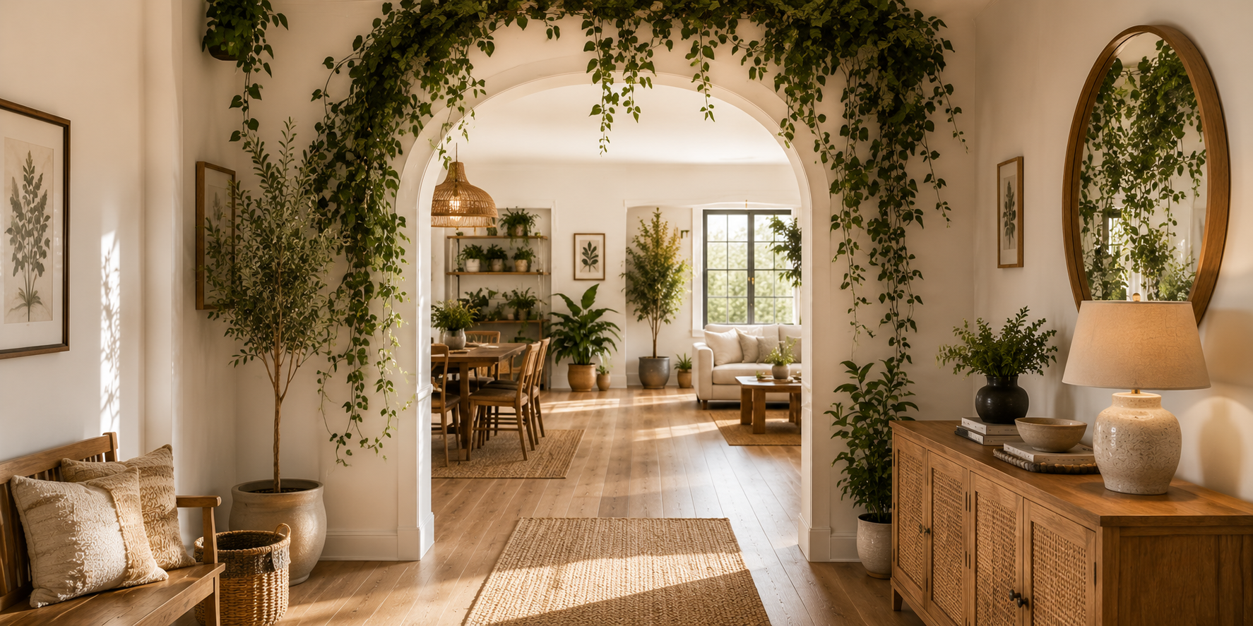 An interior archway adorned with cascading greenery and vines, complemented by warm wood furniture and sunlight — natural boho-inspired design.