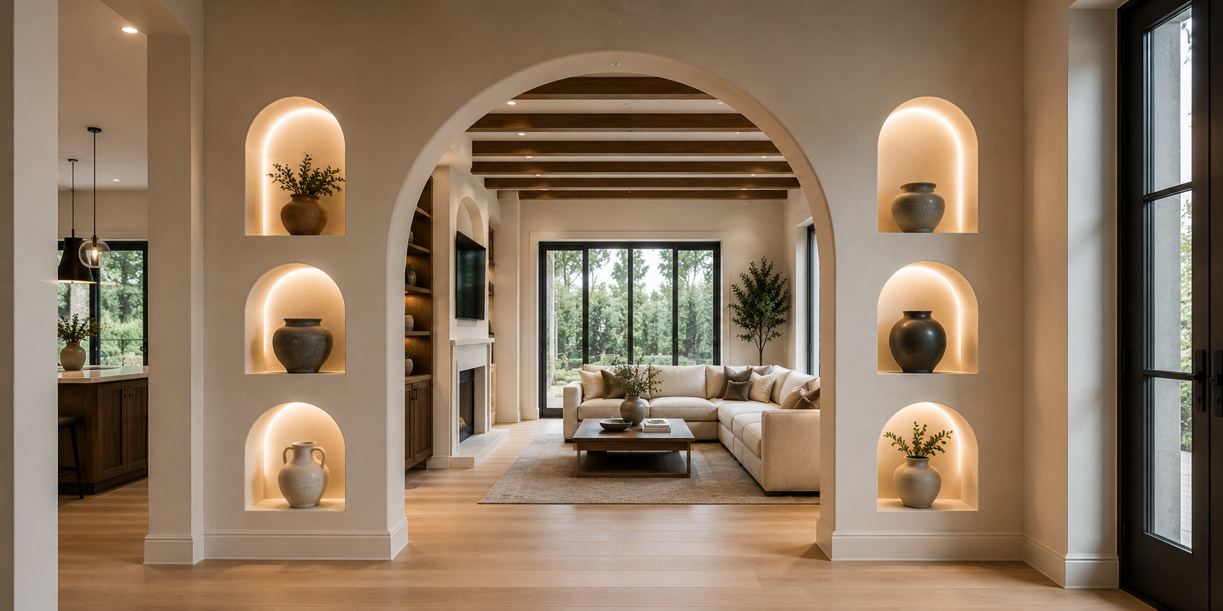 A custom archway with recessed niches featuring soft backlighting and pottery displays — artistic and functional home design.