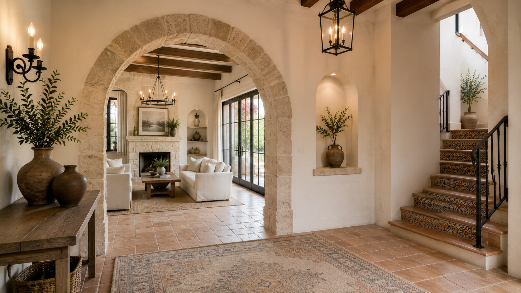 A Mediterranean interior featuring a stone-framed archway with warm neutral tones and tiled floor — rustic elegant ambiance.