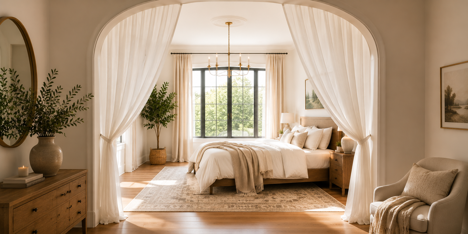 A cozy bedroom with white linen curtains hanging elegantly within an interior archway — a serene and inviting atmosphere.
