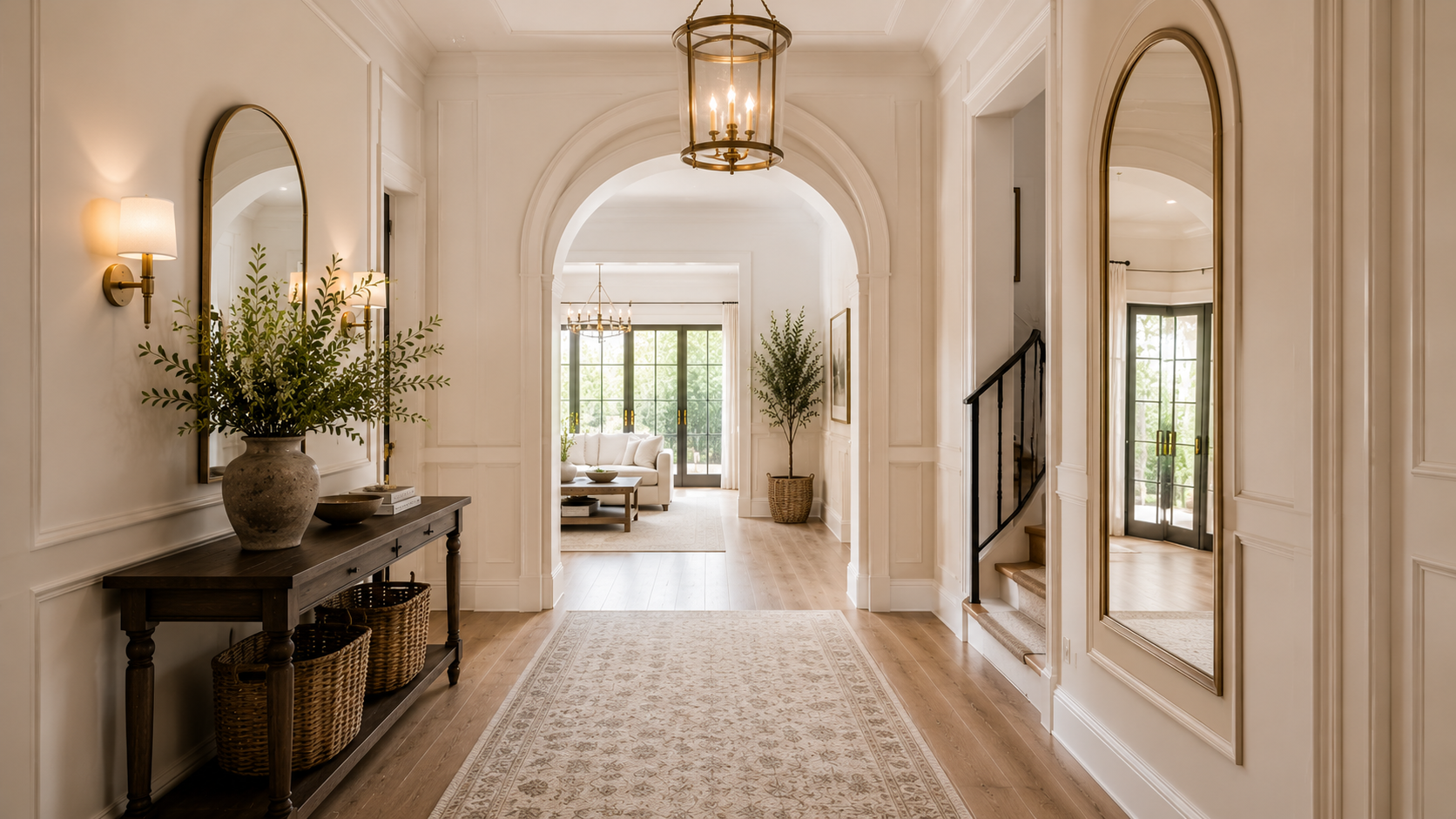 A softly lit hallway with an arched opening and mirrored inset reflecting natural light — bright and elegant transitional interior.
