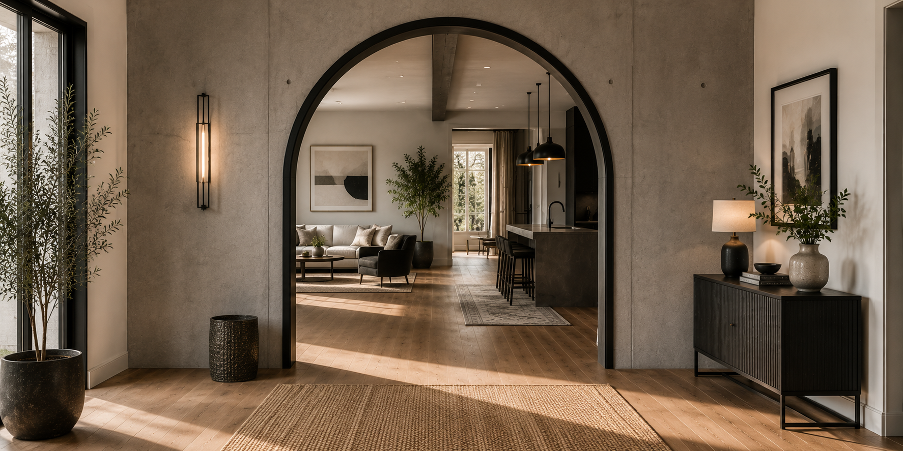 A contemporary interior with a concrete arch framed in matte black metal trim and wooden flooring — minimalist industrial aesthetic.