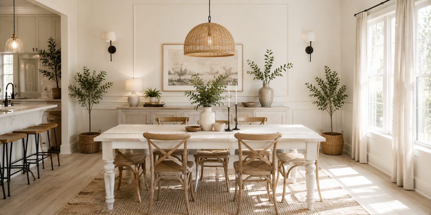 A white-painted dining table set in a bright, airy dining room with light wood flooring, linen textiles, and minimalist décor.