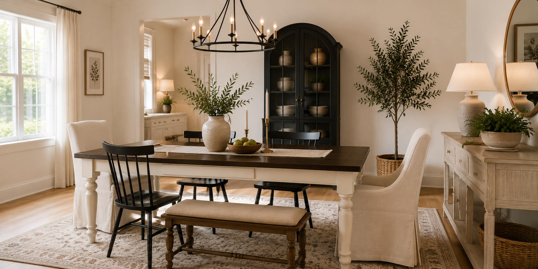 A two-tone dining table with a dark wooden top and creamy white legs, paired with mixed seating in a modern rustic dining space.