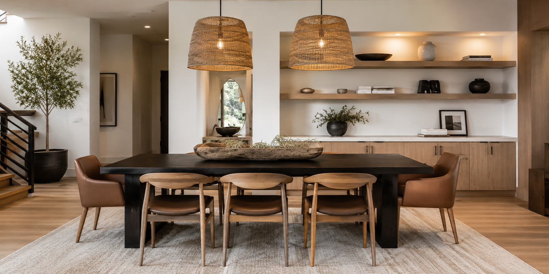 A matte black painted dining table surrounded by wood and leather chairs, warm pendant lighting overhead, modern neutral interior