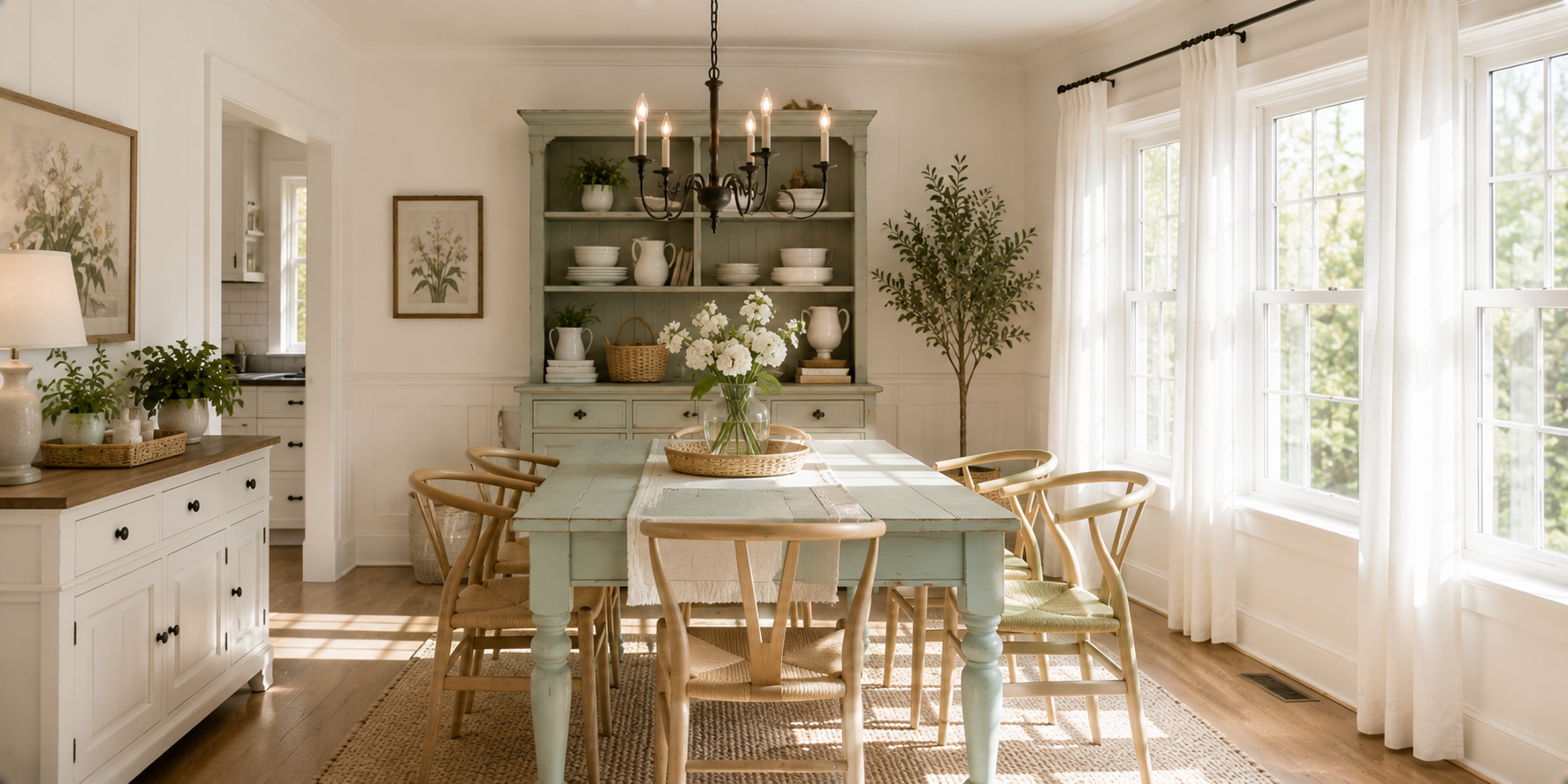 A pastel mint green painted dining table with wooden chairs and white curtains, set in a sunlit cottage dining room.