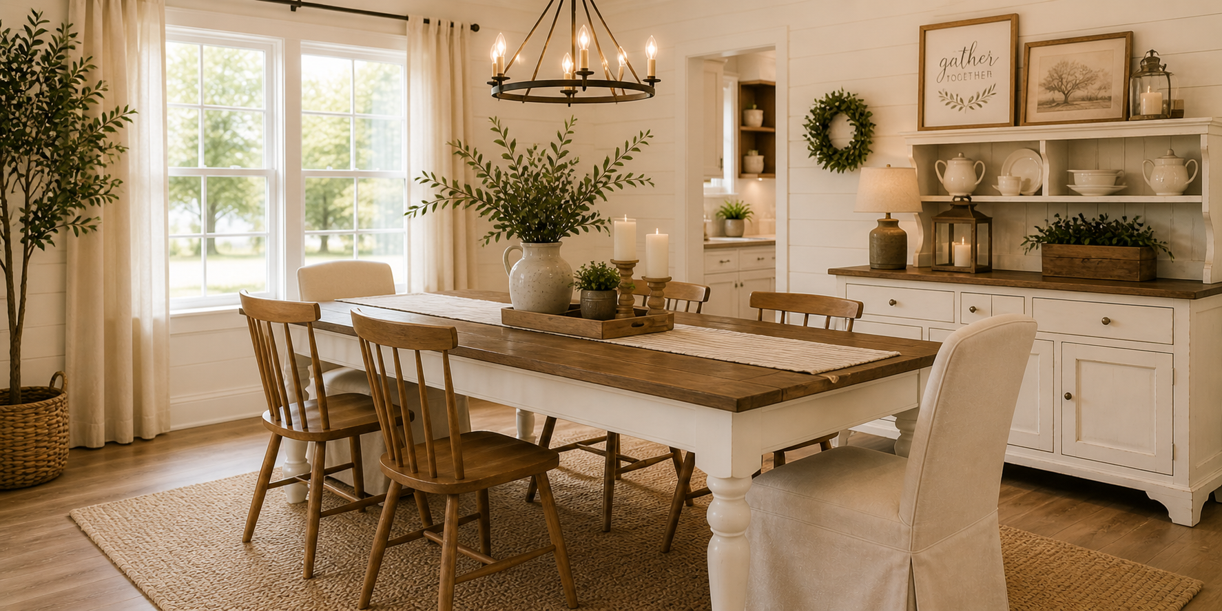 A farmhouse-style dining table with distressed white paint and natural wood accents, surrounded by rustic chairs and warm lighting