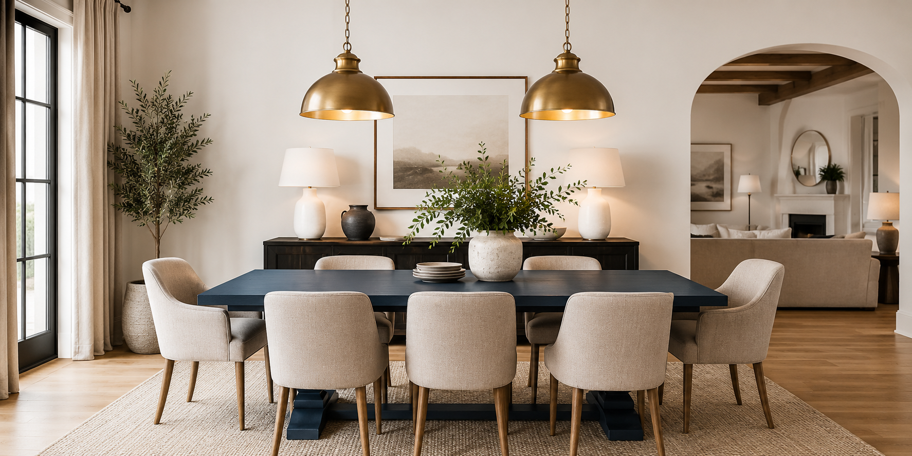 A navy-blue painted dining table with brass pendant lights and neutral-toned chairs in a cozy contemporary dining room