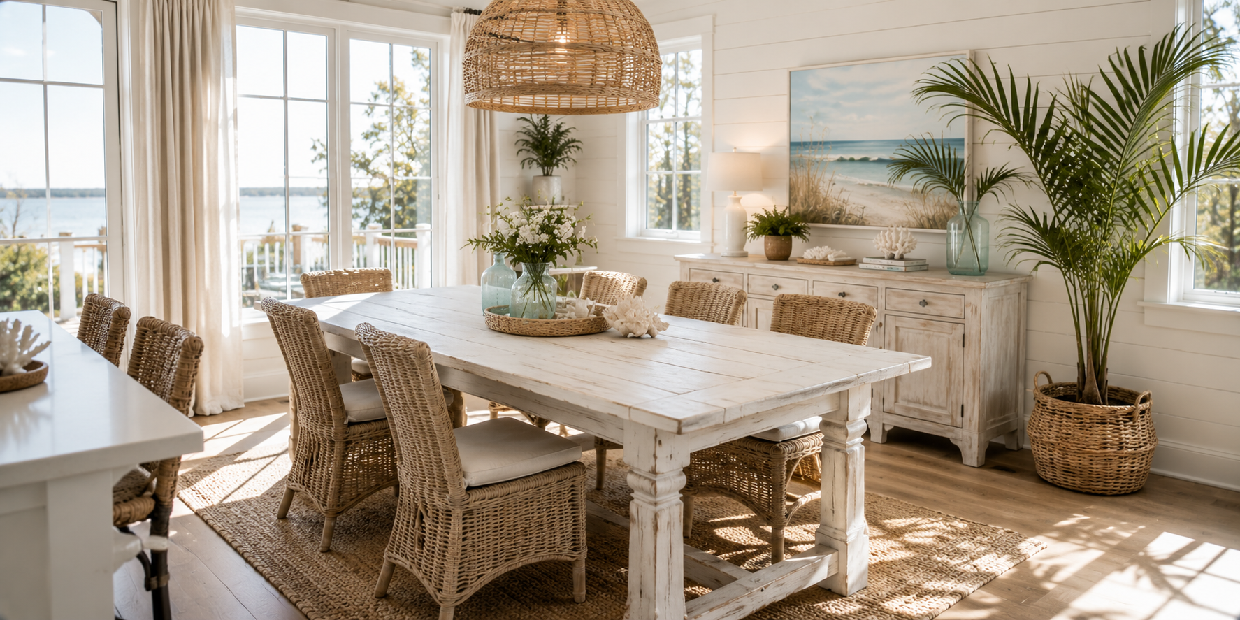 A whitewashed wood dining table surrounded by wicker chairs and coastal décor, sunlit through large windows.