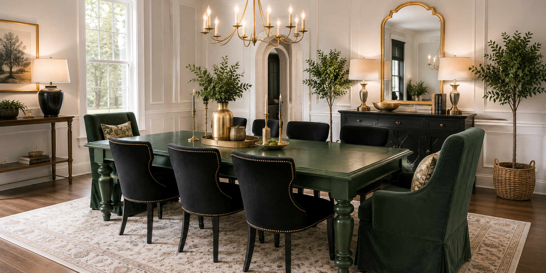 A luxurious emerald green painted dining table paired with gold accents and dark upholstered chairs in an elegant dining space.