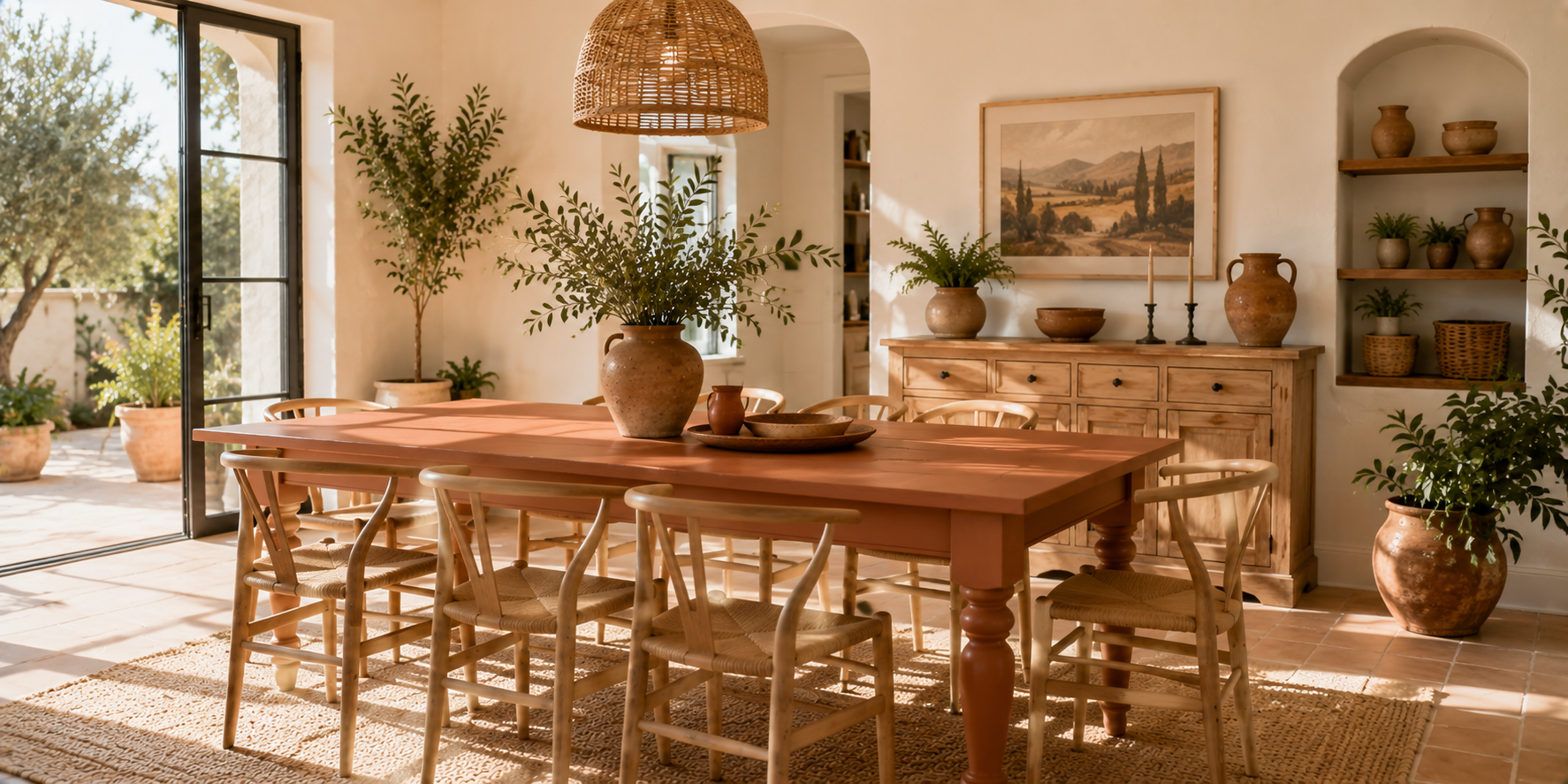 A terracotta-painted dining table surrounded by natural wood chairs and clay accessories in a sun-lit, Mediterranean-inspired dining room
