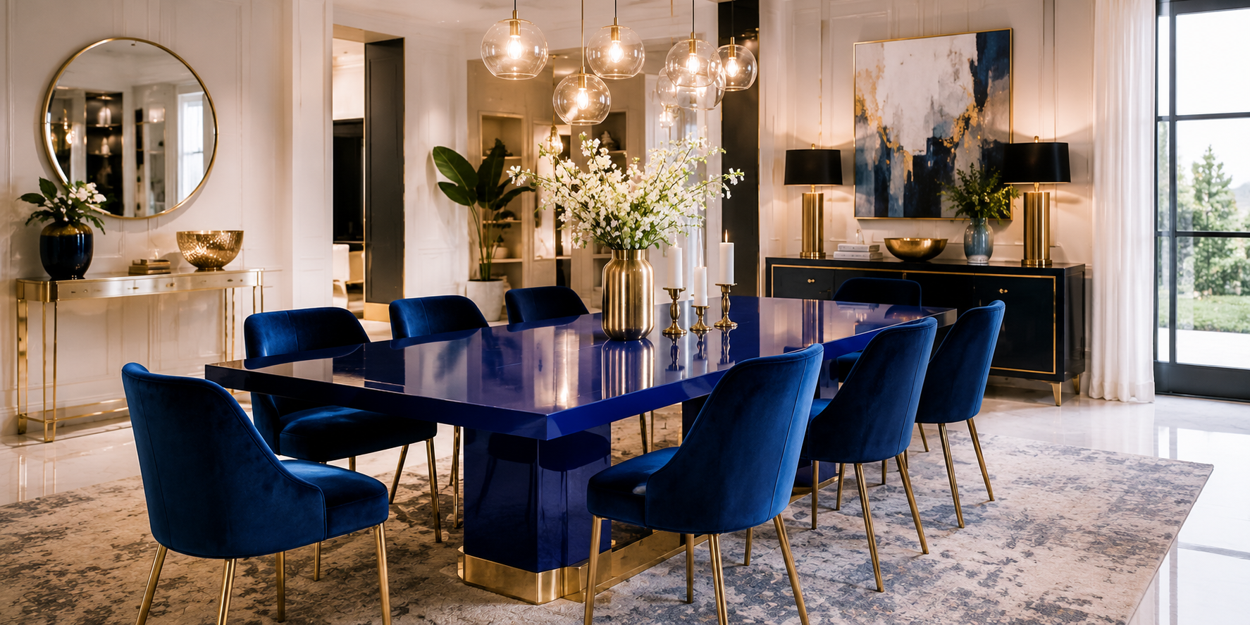 A high-gloss sapphire blue dining table gleaming under modern pendant lights with velvet chairs and brass accents